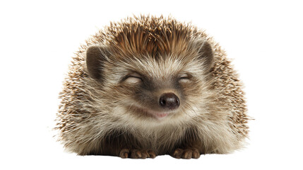 Obraz premium A cute hedgehog with brown and white spines poses with its eyes closed on a clean white studio background.