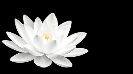 A pristine white water lily blossoms against a stark black background, its petals delicately detailed