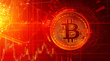 Bitcoin logo with digital background, showcasing cryptocurrency trends and market fluctuations, evokes sense of innovation and finance