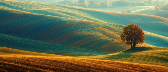 Serene landscape with rolling hills and tree.