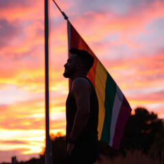 Handsome man standing beside a rainbow flag at sunset, AI-generated po