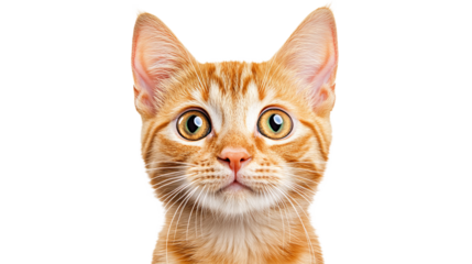 Orange tabby cat is looking directly at the viewer with bright, curious eyes against a solid black backdrop.