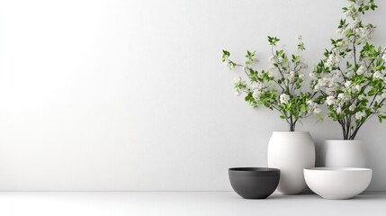 Flowering Branches in Pots Minimalist Clean Design High Resolution Wide Shot Modern Decor Serene Display White Wall Calming Atmosphere Home Decor