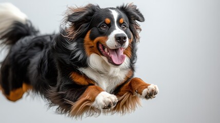 Fototapeta premium A Bernese mountain dog jumping gracefully, long fur rippling, tongue lolling happily against a stark white backdrop. Majestic yet goofy.
