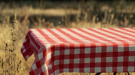 Checkered picnic red tablecloth on natural background