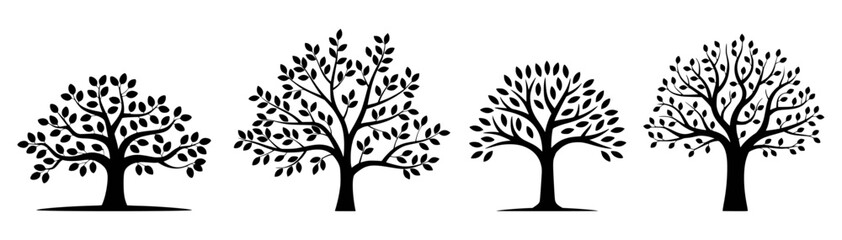 Four black silhouette trees isolated on a white background