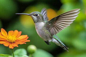 Obraz premium Hummingbird in Flight Near Orange Flower