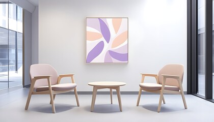 Abstract art hangs above two light pink armchairs and a small round wooden table in a modern, bright waiting area