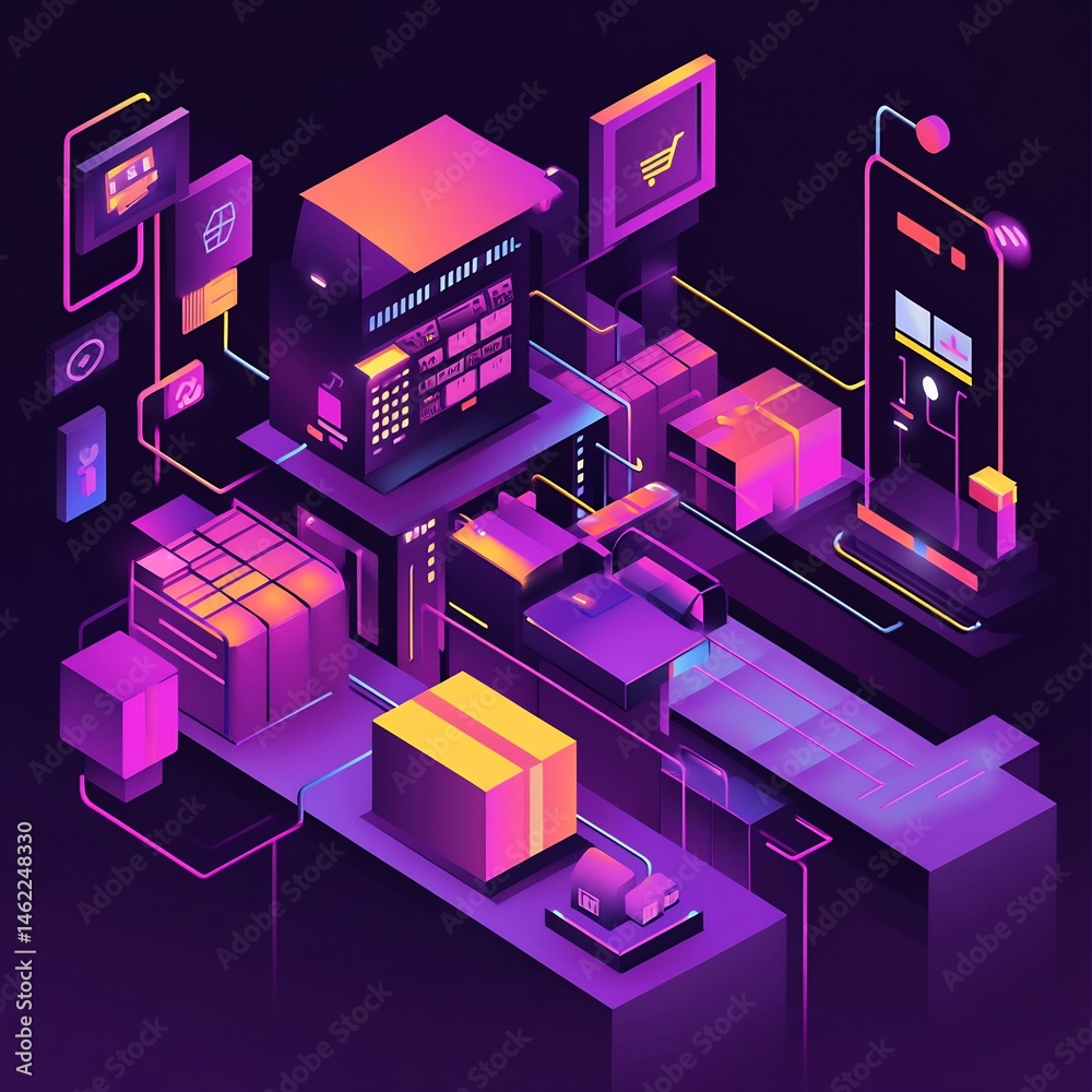 Wall mural isometric e commerce shop vector shopping cart packages and website interface in neon accent color p