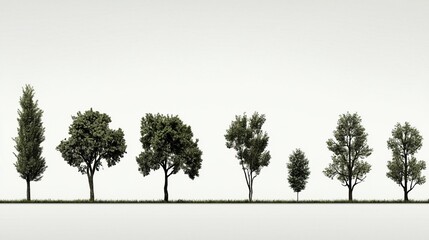 Row of various trees against a plain background.