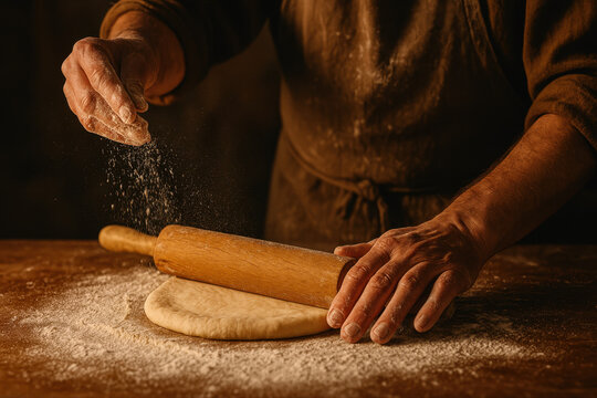 Boulanger saupoudrant de la farine sur une p&acirc;te &agrave; pain avec un rouleau &agrave; p&acirc;tisserie &mdash; ambiance rustique et lumi&egrave;re chaude sur plan de travail en bois