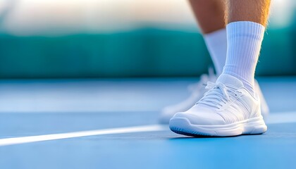 Close-up of a tennis player's white shoes on a blue court