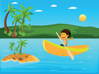 Boy rowing boat at the river in nature design art