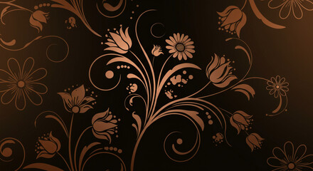 A dark brown background with a floral pattern featuring tulips and daisy like flowers and swirls