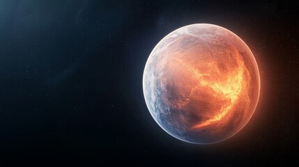 Bright Orange Planet with Glowing Textured Surface in a Dark Cosmic Background