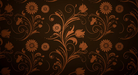 A dark brown background with a floral pattern featuring flowers and swirling vines in a lighter brown hue