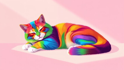 Colorful cat lounging with rainbow lighting on a soft pastel backgroun
