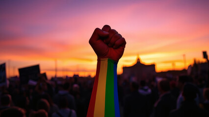Rainbow LGBTQ pride fist raised at dusk for global gender rights rally