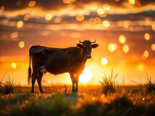 Majestic Cow Silhouette at Sunset with Bokeh Lights - Rural Farm Scene Stock Photo