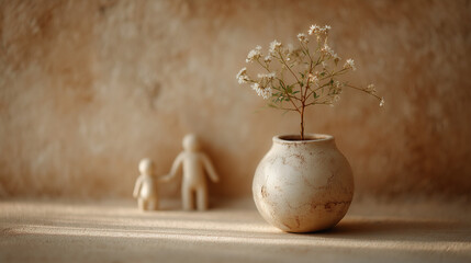 Wooden figures of a parent and child stand near a clay pot with delicate blooming flowers, symbolizing growth and care.