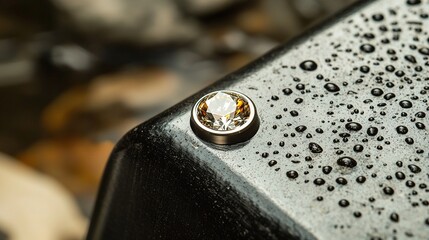 Close-up of a small,faceted gemstone on a dark,metallic surface.