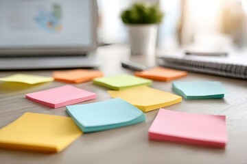 Colorful Sticky Notes on Wooden Desk with Laptop and Plant