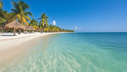 Naklejka premium Idyllic tropical beach with crystal-clear turquoise water, white sand, palm trees, and thatched umbrellas