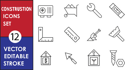 Vector construction icon set with 12 editable stroke icons: safe, wheelbarrow, wrench, level tool, square, ruler, shovel, trowel, blueprint, house, bolt, nut.