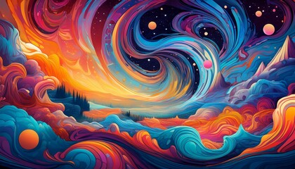 vibrant abstract artwork featuring dynamic swirls of colorful patterns with psychedelic and cosmic themes amidst a starry fantasy landscape