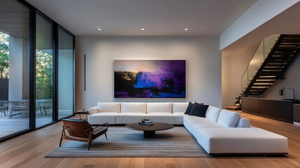Refined contemporary living room featuring artwork and staircase design