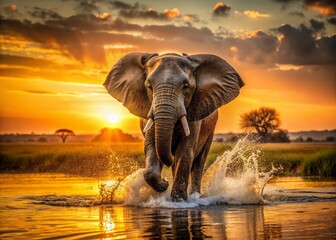 Obraz premium Majestic Elephant Sunset Splash: African Savannah Wildlife Photography