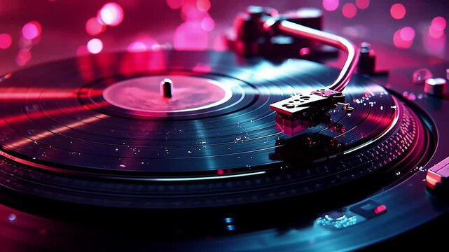 Captivating record player in a neon-lit ambience ready to spin classic vinyl