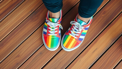 Colorful rainbow sneakers on wooden floor symbolizing pride and freedo