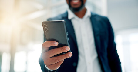 Phone, hand and businessman in office for communication, contact or networking online for career. Cellphone, closeup and male financial manager with email for investment, profit or finance report.