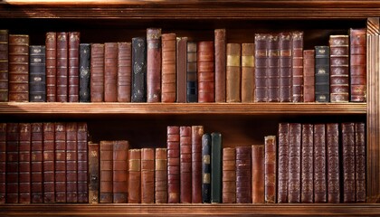 Naklejka premium antique bookshelf with vintage leather bound books old library wooden shelves classic literature