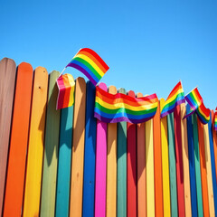 Colorful rainbow fence with pride flags under bright blue sky backdrop