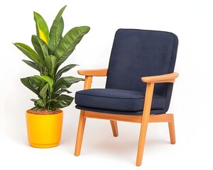 Mid-century modern armchair with light wood arms and a dark blue fabric seat, next to a vibrant yellow potted plant