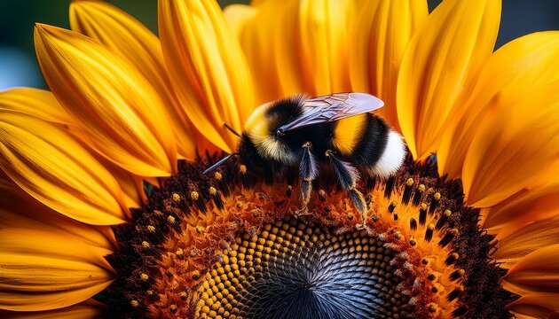 bumblebee on sunflower close up detailed macro photography of pollination
