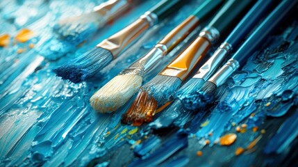 Fototapeta premium Paintbrushes on Blue Oil Paint Palette