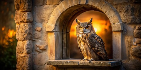 Majestic Horned Owl in Architectural Niche: A Serene Stock Photo