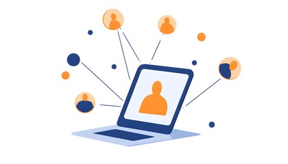 Online networking depicted with a laptop displaying a person's profile connected to multiple other profiles