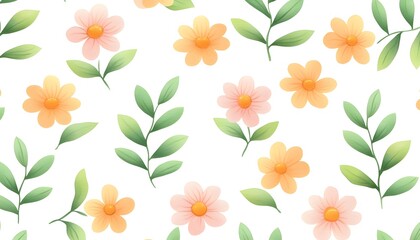 Peach and pink flowers with green leaves pattern