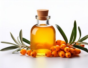 sea buckthorne next to a bottle of oil on a white background