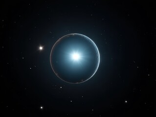 A glowing planet surrounded by stars in deep space, with a radiant light source at its center.