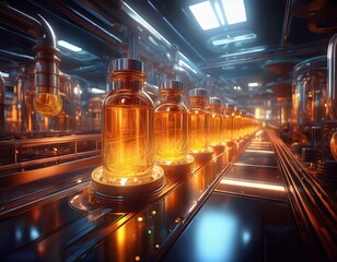 glowing amber liquid in futuristic production line