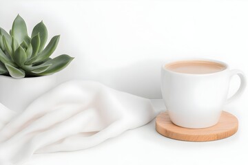 Serene morning scene with coffee, succulent, and fabric