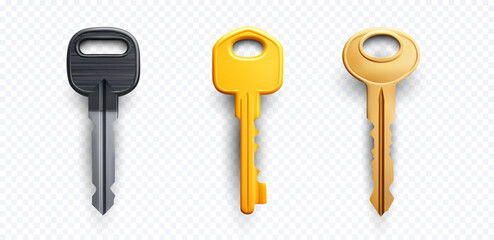 Vector illustration of three realistic blank house keys with different head styles and metallic finishes on transparent background, ideal mockup for locksmith, security, real-estate or access design p