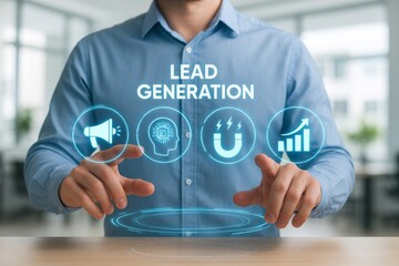 Obraz premium Digital Lead Generation Business Strategy Marketing Technology Growth Success Online Advertising Campaign Development Powerful Magnet Attracting Customers Increase Sales Modern Businessman Innovative 