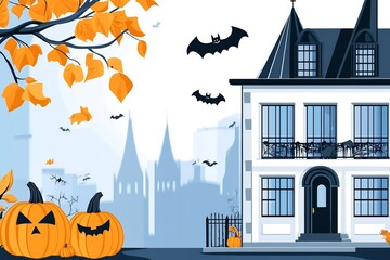 Modern flat style Halloween vector art pumpkins bats and haunted house silhouette clean graphic lines