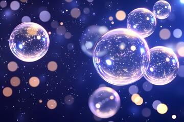 Shimmering, translucent spheres float against a dark, bokeh-filled backdrop